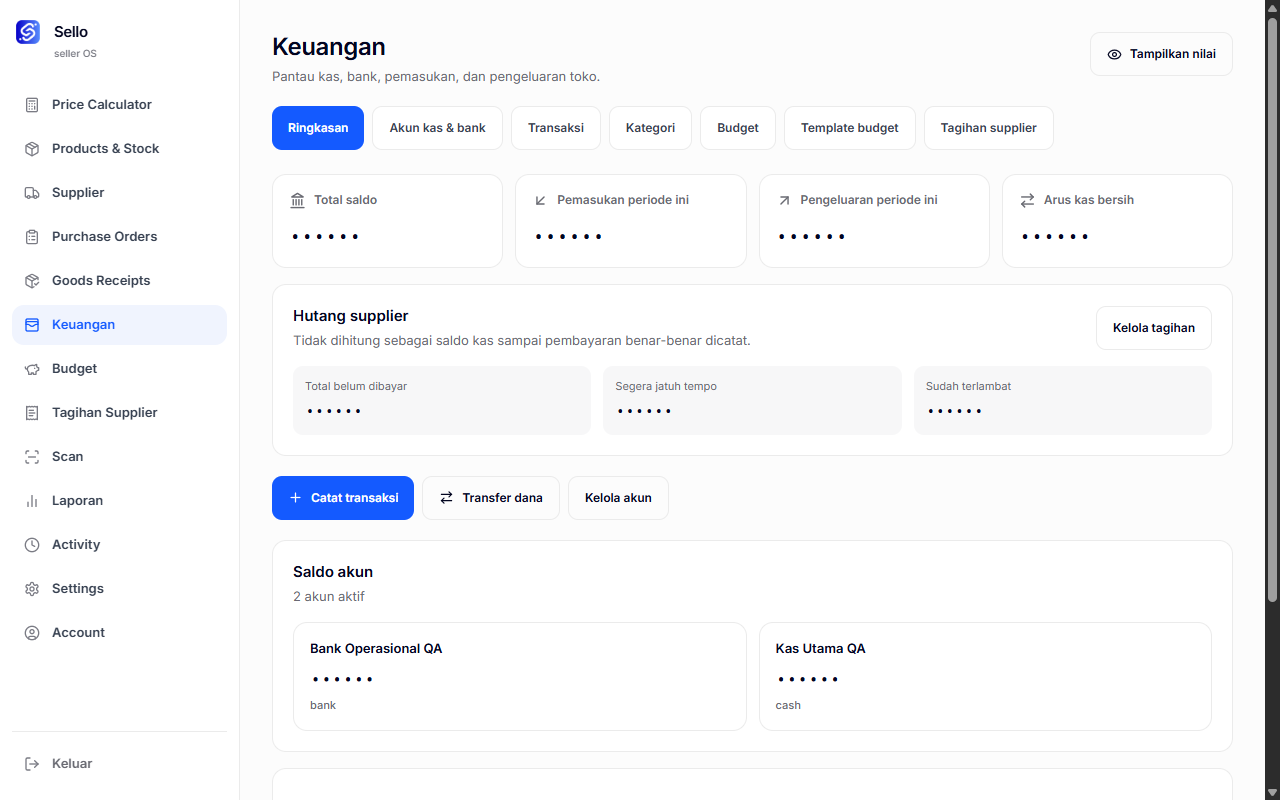 Sello — Seller Operations System Finance screen