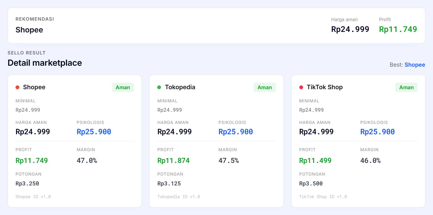 Sello — Seller Operations System Price Calculator screen