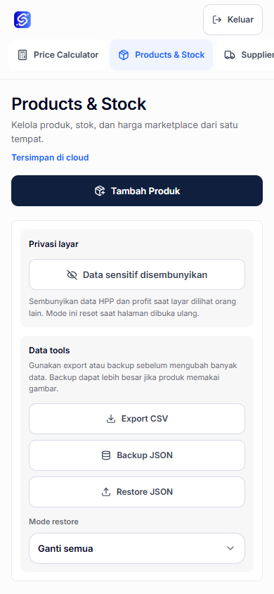 Sello — Seller Operations System Products & Inventory screen
